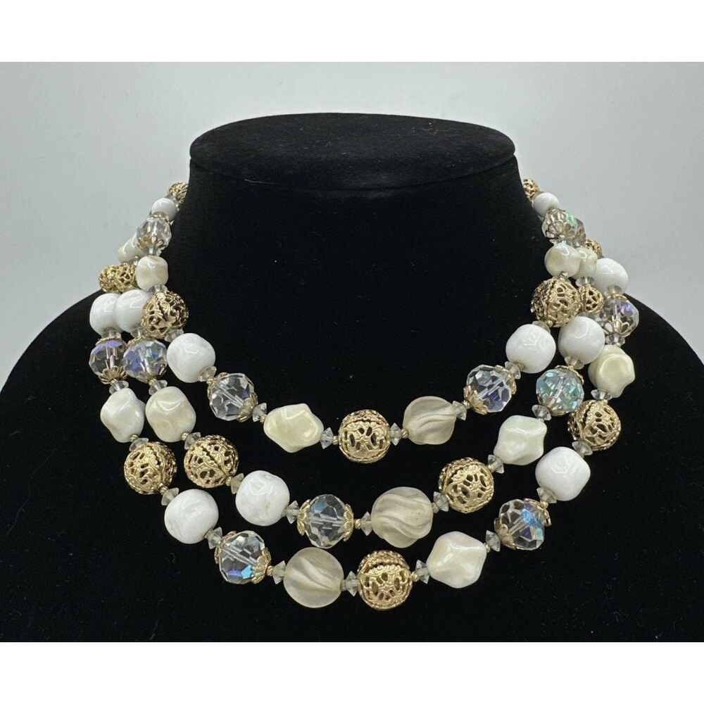 Vendome Coro Necklace Vintage Three 3 Strands Gold Cage Milk Glass Beads